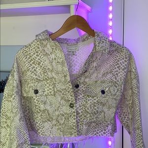 Top Shop Cropped Snake Print Jean Jacket